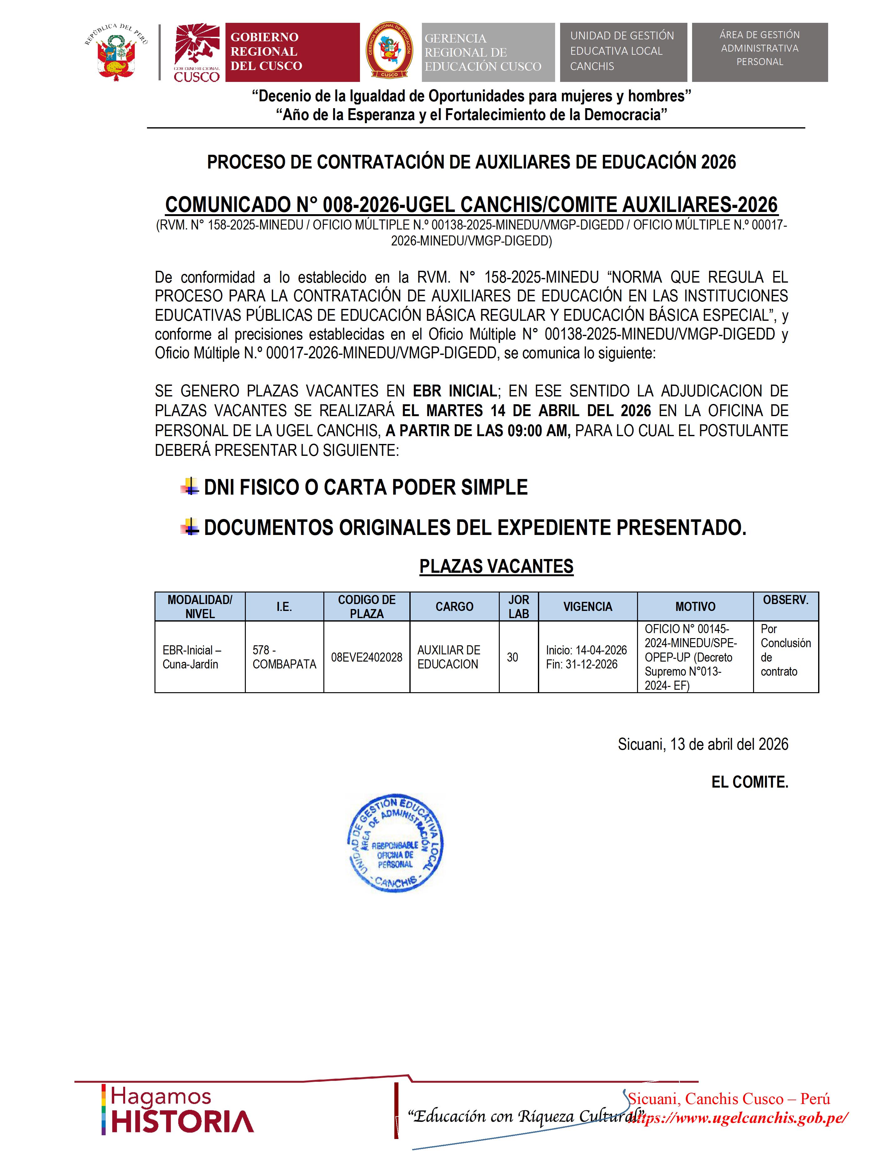 COMUNICADO N° 008-2026 - Proceso DE CONTRATACIÓN DE AUXILIARES DE EDUCACIÓN 2026